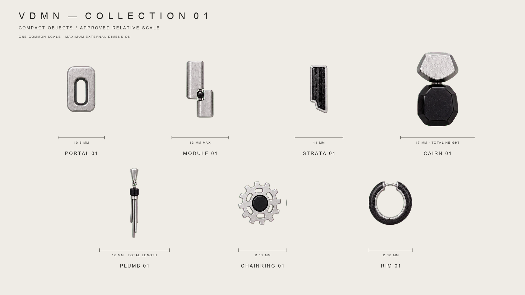 All seven VDMN Collection 01 earrings shown at their approved relative scale